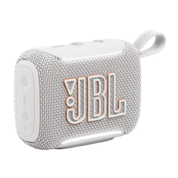 اسپیکر بلوتوثی JBL Go 5 رنگ سفید — نمای سه‌رخ با لوگوی JBL