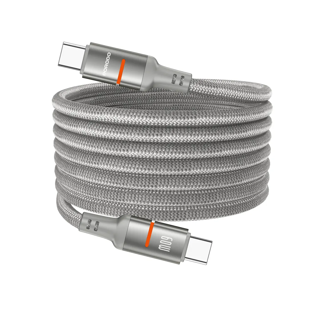 pd-cbl0030-gy-c-porodo-60w-type-c-to-type-c-magnetic-braided-cable-gray کابل شارژ پرودو Porodo 60W Type-C to Type-C Magnetic Cable - تصویر 1